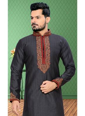 Black Embroidered Art Silk Mens Kurta Pajama 3