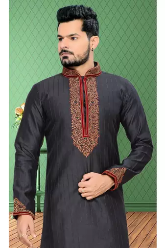 Black Embroidered Art Silk Mens Kurta Pajama