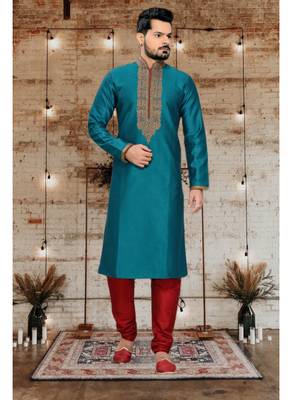 Teal Embroidered Art Silk Mens Kurta Pajama 2