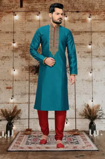 Teal Embroidered Art Silk Mens Kurta Pajama