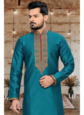 Teal Embroidered Art Silk Mens Kurta Pajama 3
