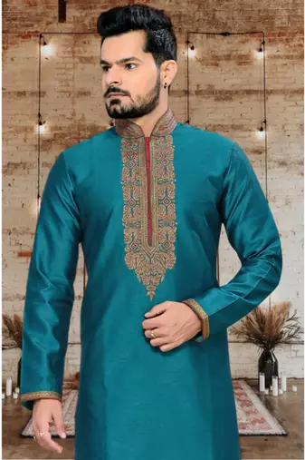 Teal Embroidered Art Silk Mens Kurta Pajama