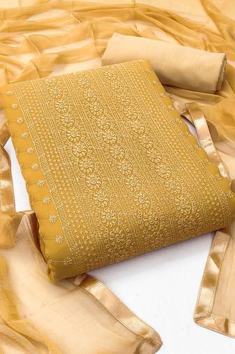 Women's beige unstitched heavy thread embroidery  with fancy dupatta georgette dress material (snc7001bge)