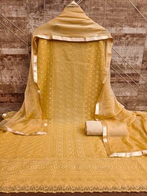 Women's beige heavy thread embroidery with fancy dupatta georgette dress material 2