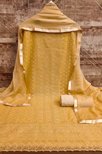 Women's beige heavy thread embroidery with fancy dupatta georgette dress material