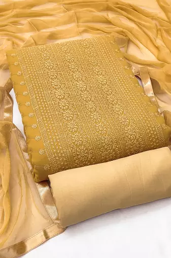 Women's beige heavy thread embroidery with fancy dupatta georgette dress material