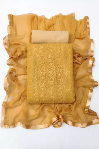 Women's beige heavy thread embroidery with fancy dupatta georgette dress material