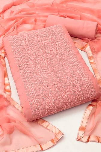 Women's peach unstitched heavy thread embroidery  with fancy dupatta georgette dress material (snc7001pch)