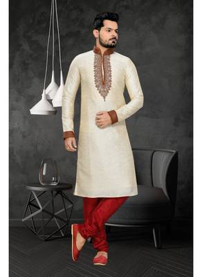 Cream Embroidered Jacquard Mens Kurta Pajama 2