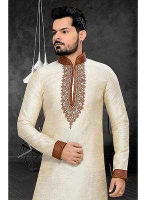 Cream Embroidered Jacquard Mens Kurta Pajama 3