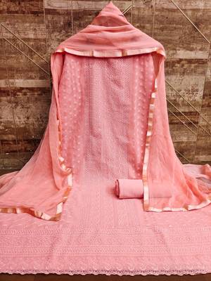 Women's peach heavy thread embroidery with fancy dupatta georgette dress material 2