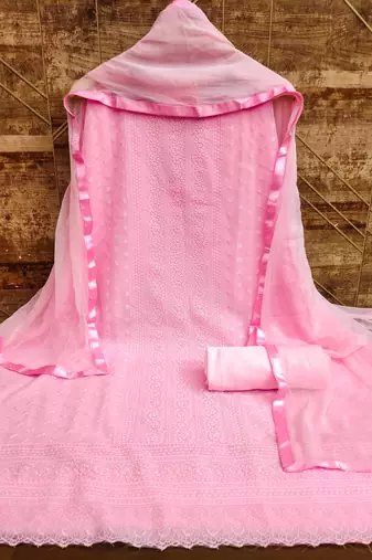 Women's pink heavy thread embroidery with fancy dupatta georgette dress material