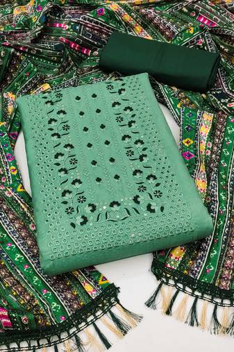 Women's green unstitched heavy thread embrodiery with designer bandhani print dupatta silk dress material (mt508grn)