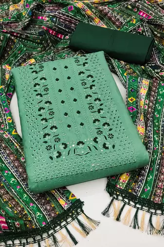 Women's green unstitched heavy thread embrodiery with designer bandhani print dupatta silk dress material (mt508grn)