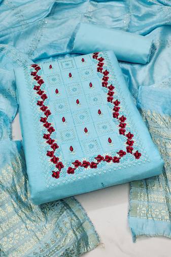 Women's sky blue unstitched thread embrodiery with designer dobby jacquard dupatta cotton dress material 