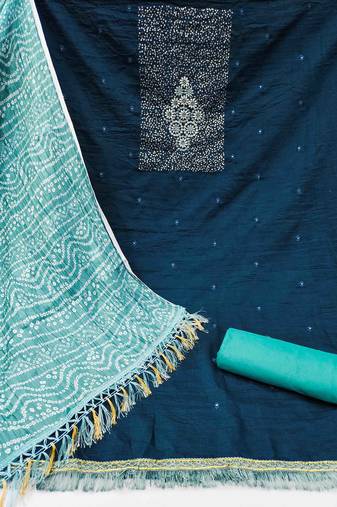 Women's teal blue unstitched sequence embrodiery bandhani print dupatta parampara cotton dress material (mt506tbl)