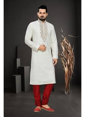 Off White Embroidered Dupion Mens Kurta Pajama 2