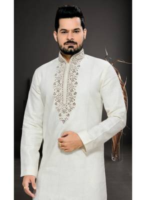Off White Embroidered Dupion Mens Kurta Pajama 3