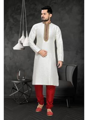 Off White Embroidered Art Silk Mens Kurta Pajama 2