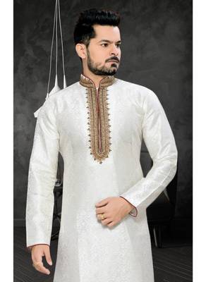 Off White Embroidered Art Silk Mens Kurta Pajama 3