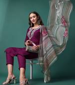 Wine Sequence Embroidered Silk Blend Kurta With Pant And Crochet Worked Printed Dupata Set