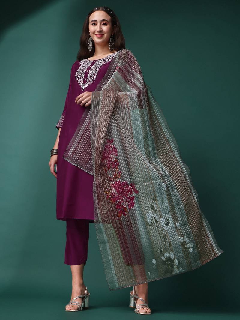 Wine Sequence Embroidered Silk Blend Kurta With Pant And Crochet Worked Printed Dupata Set