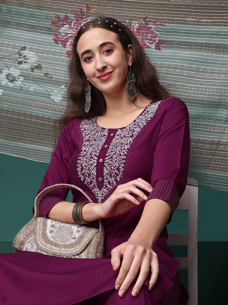 Wine Sequence Embroidered Silk Blend Kurta With Pant And Crochet Worked Printed Dupata Set