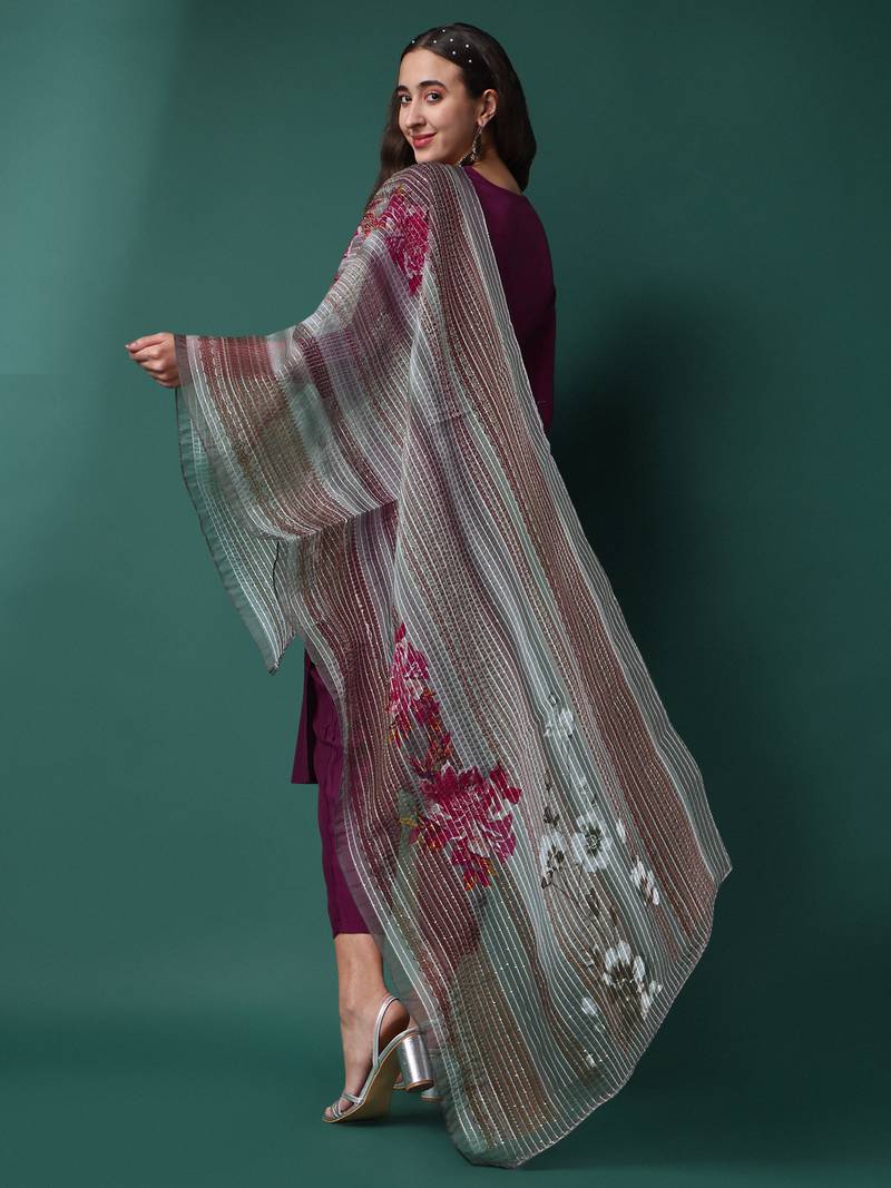 Wine Sequence Embroidered Silk Blend Kurta With Pant And Crochet Worked Printed Dupata Set