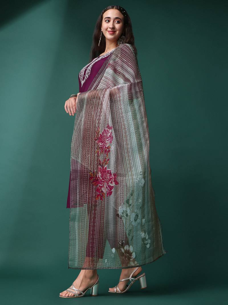 Wine Sequence Embroidered Silk Blend Kurta With Pant And Crochet Worked Printed Dupata Set