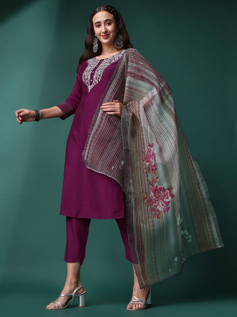 Wine Sequence Embroidered Silk Blend Kurta With Pant And Crochet Worked Printed Dupata Set