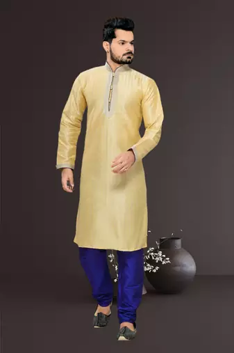 Gold Embroidered Art Silk Mens Kurta Pajama