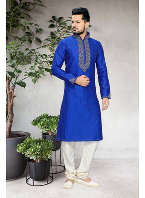 Royal Blue Embroidered Art Silk Mens Kurta Pajama 2