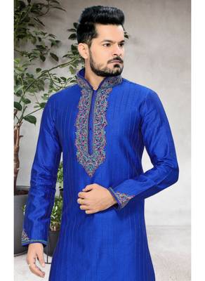Royal Blue Embroidered Art Silk Mens Kurta Pajama 3