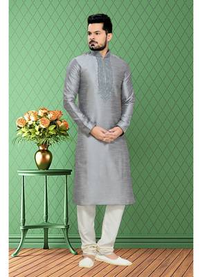 Grey Embroidered Art Silk Mens Kurta Pajama 2