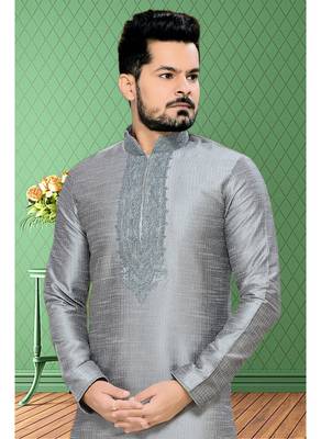 Grey Embroidered Art Silk Mens Kurta Pajama 3