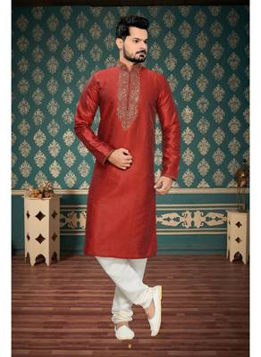 Marron Embroidered Art Silk Mens Kurta Pajama 2