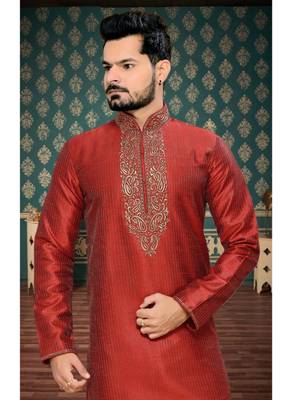 Marron Embroidered Art Silk Mens Kurta Pajama 3