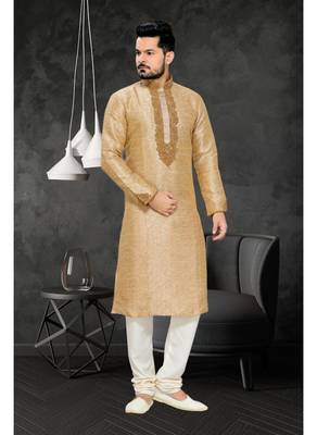 Gold Embroidered Art Silk Mens Kurta Pajama 2