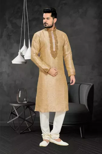 Gold Embroidered Art Silk Mens Kurta Pajama