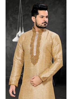 Gold Embroidered Art Silk Mens Kurta Pajama 3