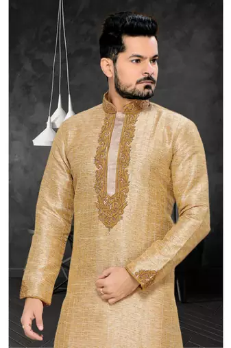 Gold Embroidered Art Silk Mens Kurta Pajama