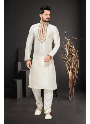 Cream Embroidered Jacquard Mens Kurta Pajama 2