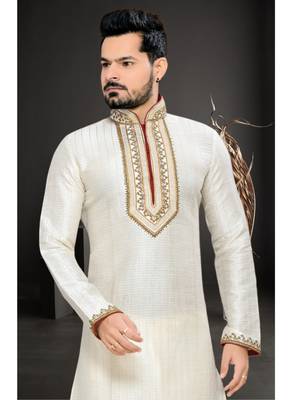 Cream Embroidered Jacquard Mens Kurta Pajama 3