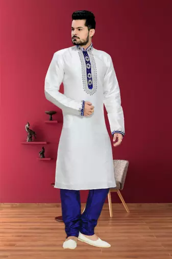 Off White Embroidered Jacquard Mens Kurta Pajama
