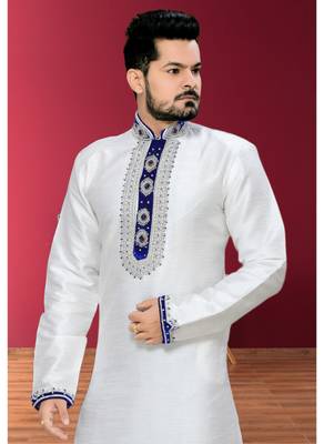 Off White Embroidered Jacquard Mens Kurta Pajama 3