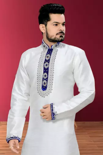 Off White Embroidered Jacquard Mens Kurta Pajama