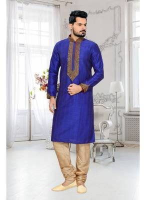 Royal Blue Embroidered Art Silk Mens Kurta Pajama 2