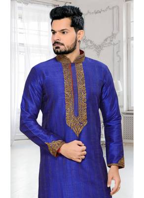 Royal Blue Embroidered Art Silk Mens Kurta Pajama 3