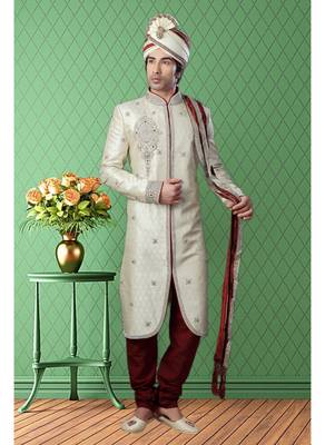Off White Embroidered Jacquard Stitched Sherwani 2