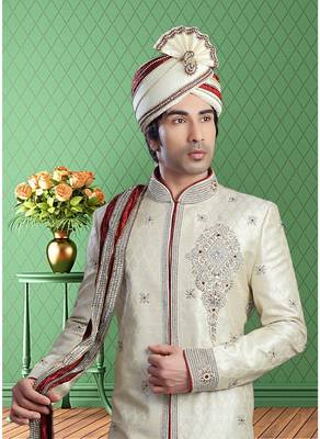 Off White Embroidered Jacquard Stitched Sherwani 3